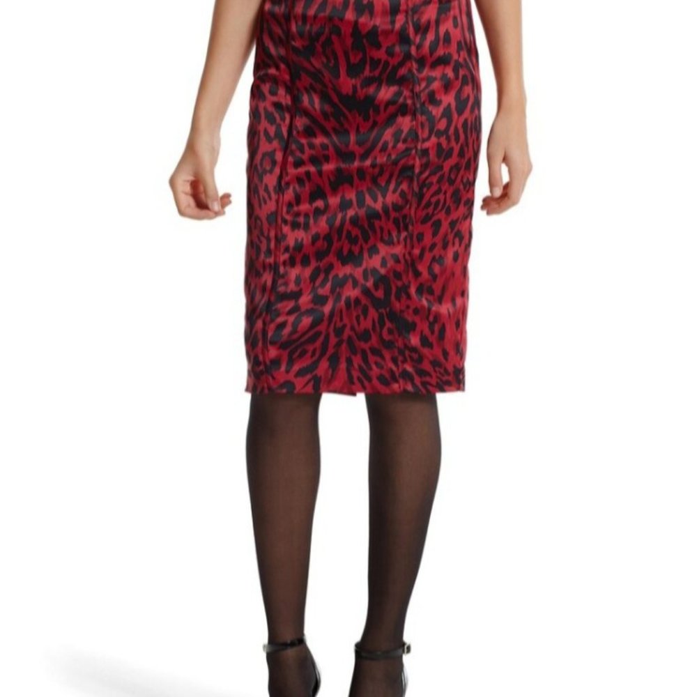 White House Black Market Red/Black leopard satin pencil skirt
